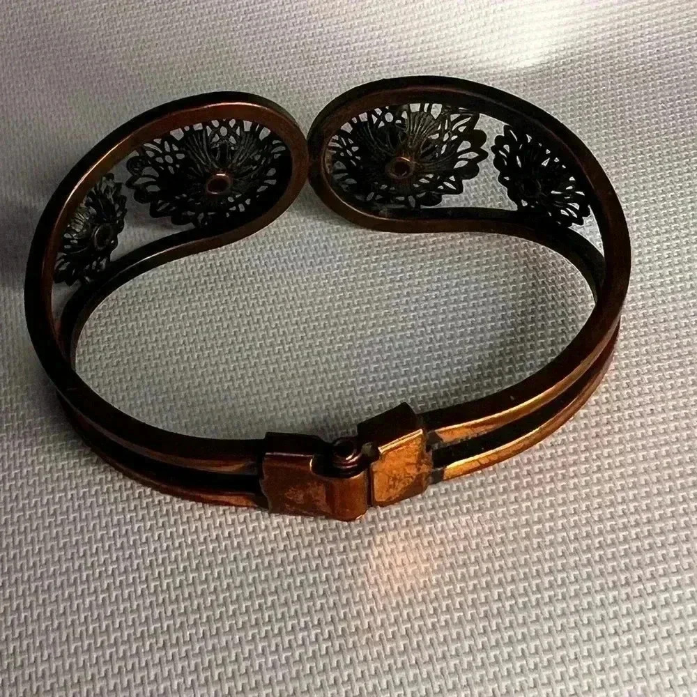 Vtg Solid Copper Heavy Weave Design Hinge Etched … - image 7
